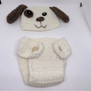 Adorable Handmade Infant Baby Knit Hat Diaper Cover - Puppy Dog - Brown Cream
